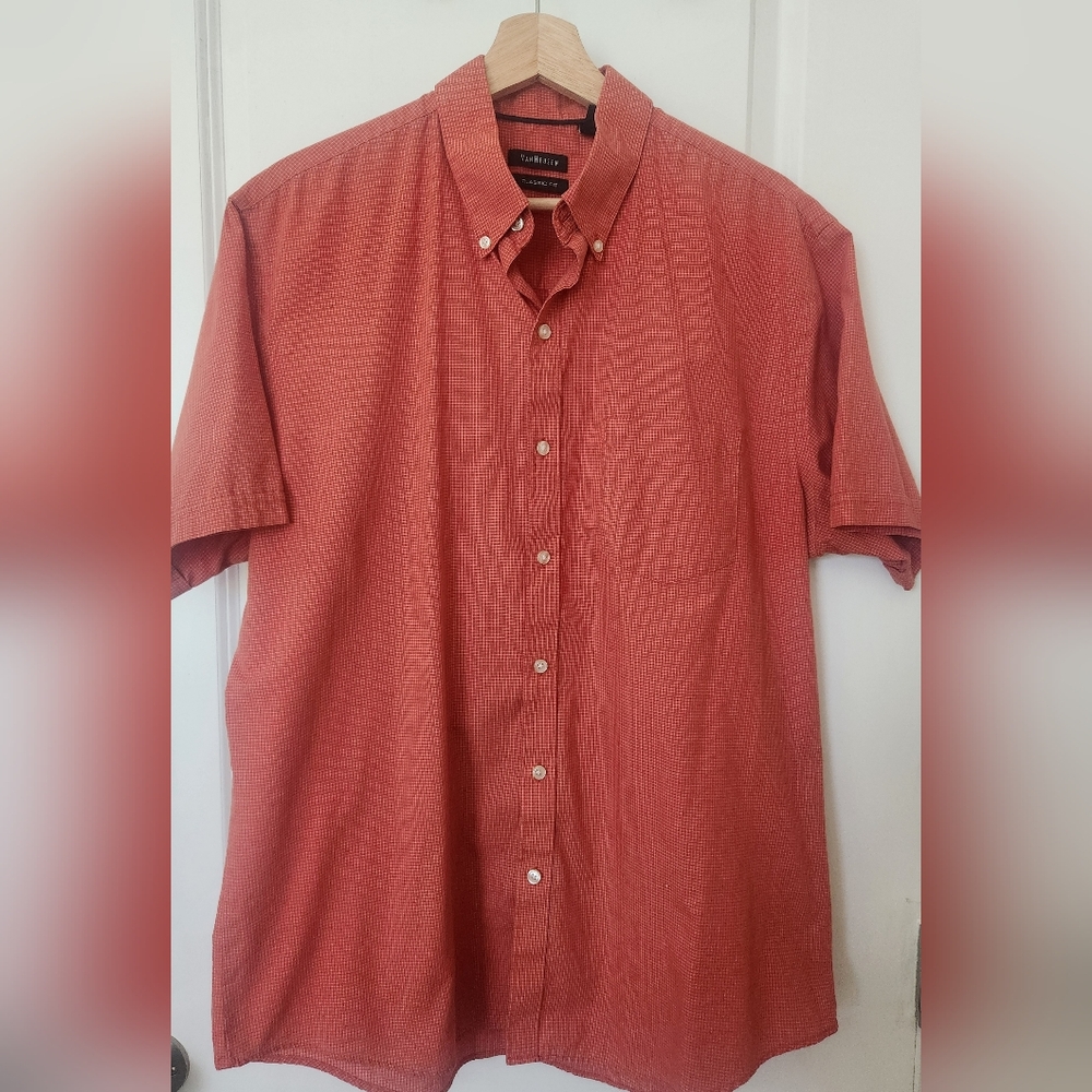 Van Heusen Men Shirt Button Down Short Sleeve 16 16 1/2 Orange Plaid Geometric L